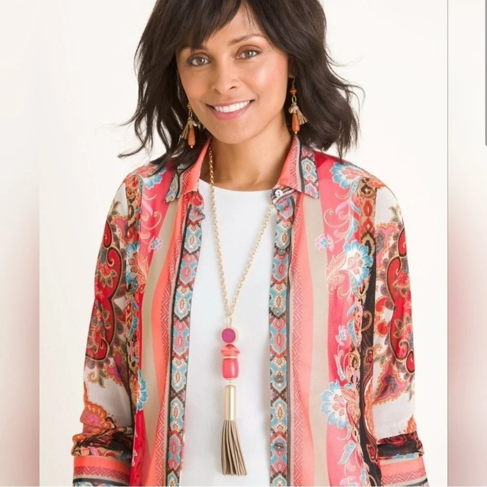 Chico's Travelers Tunic Top 12/14 Large Lightweight Paisley Stretch Boho Bright - Picture 2 of 8